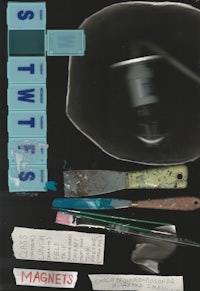 a black and white photo of magnets and tools