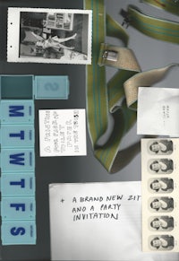 a collection of photos, papers, and other items on a table