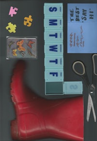 a red boot, scissors, and puzzle pieces